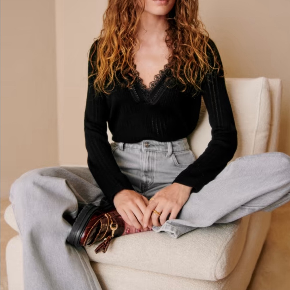 Sezane ABIGAEL wool sweater jumper black lace v neck sz Small